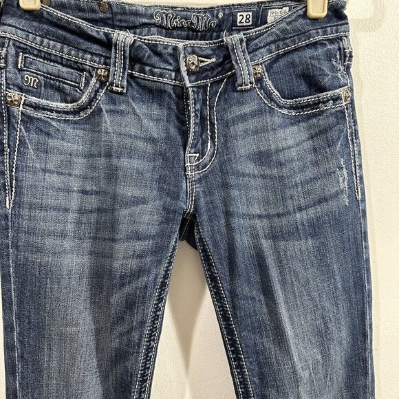 Miss Me Women Boot Cut Distressed Embellished Fleur Rear pockets Bling SZ 28 - Picture 10 of 11